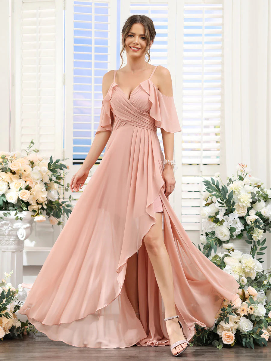 Wholesa A-Line V-Neck Spaghetti Straps Short Sleeves Asymmetrical Chiffon Bridesmaid Dresses