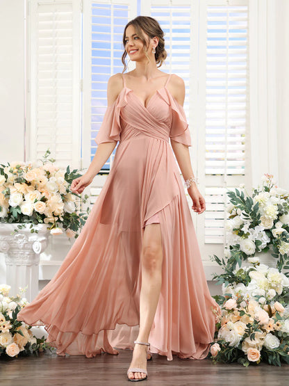 Wholesa A-Line V-Neck Spaghetti Straps Short Sleeves Asymmetrical Chiffon Bridesmaid Dresses