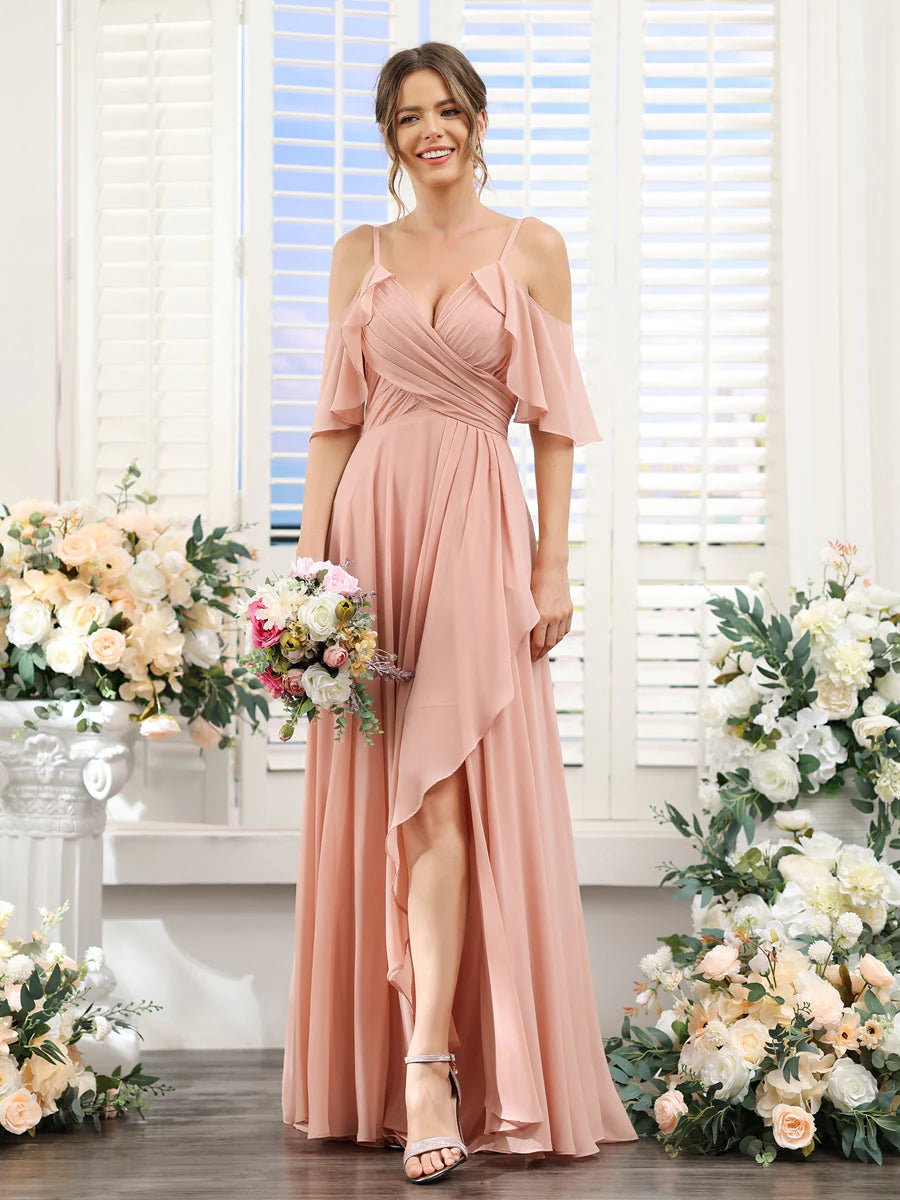 Wholesa A-Line V-Neck Spaghetti Straps Short Sleeves Asymmetrical Chiffon Bridesmaid Dresses