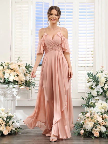 Wholesa A-Line V-Neck Spaghetti Straps Short Sleeves Asymmetrical Chiffon Bridesmaid Dresses