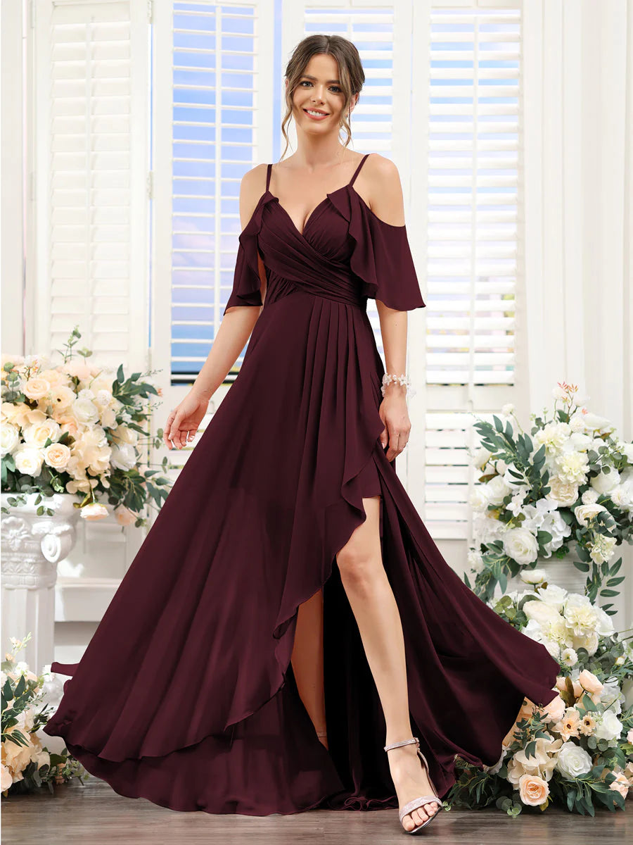 Wholesa A-Line V-Neck Spaghetti Straps Short Sleeves Asymmetrical Chiffon Bridesmaid Dresses