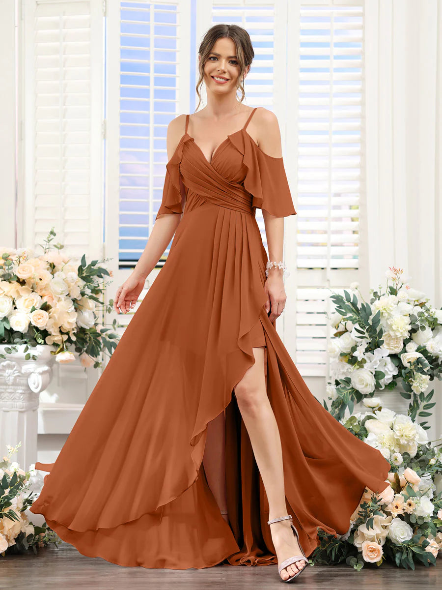 Wholesa A-Line V-Neck Spaghetti Straps Short Sleeves Asymmetrical Chiffon Bridesmaid Dresses