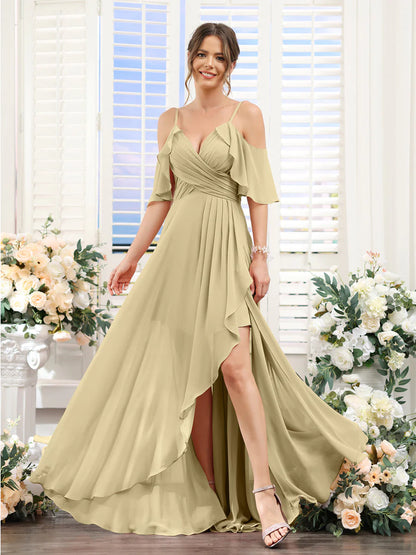 Wholesa A-Line V-Neck Spaghetti Straps Short Sleeves Asymmetrical Chiffon Bridesmaid Dresses