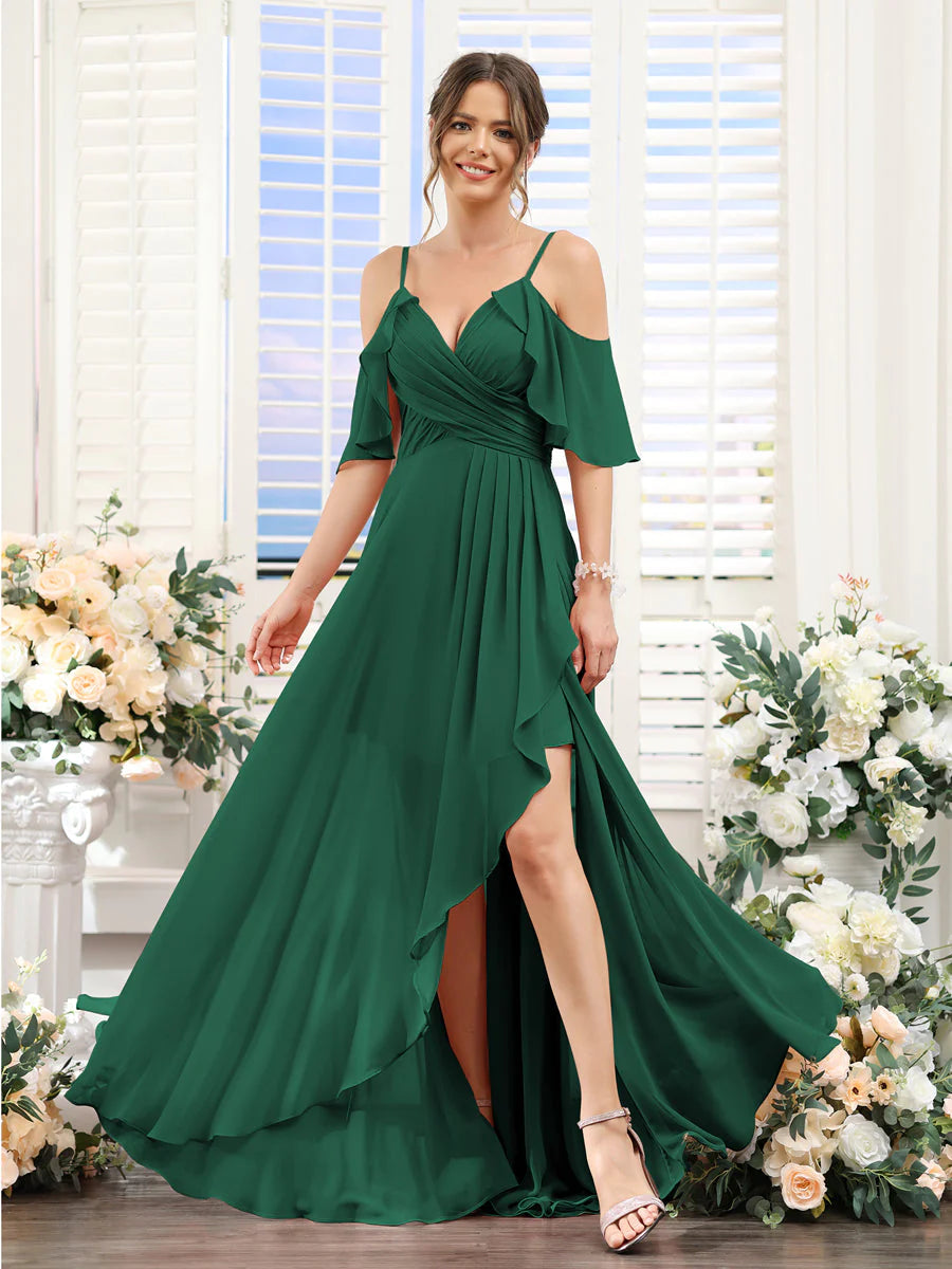 Wholesa A-Line V-Neck Spaghetti Straps Short Sleeves Asymmetrical Chiffon Bridesmaid Dresses