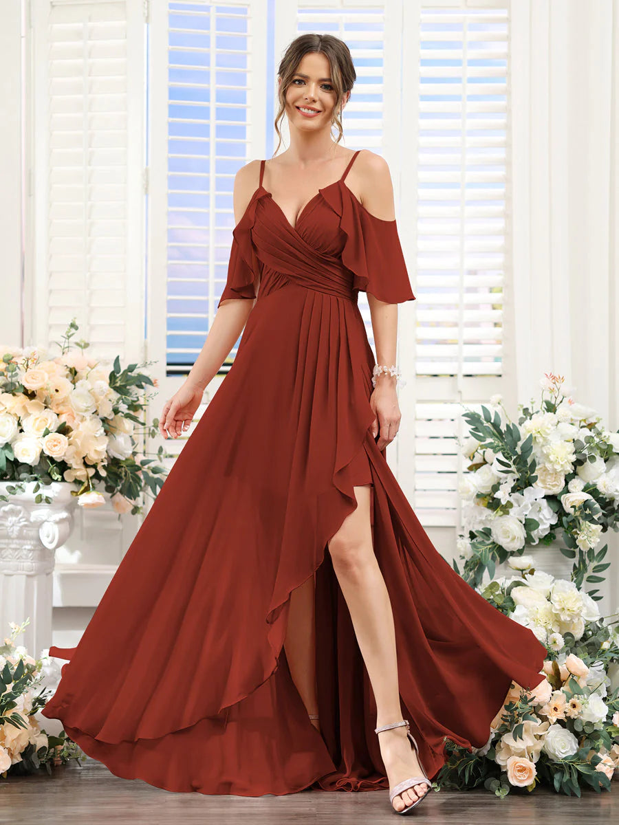 Wholesa A-Line V-Neck Spaghetti Straps Short Sleeves Asymmetrical Chiffon Bridesmaid Dresses