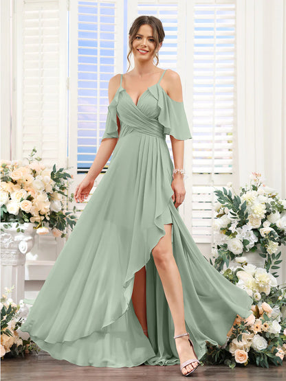 Wholesa A-Line V-Neck Spaghetti Straps Short Sleeves Asymmetrical Chiffon Bridesmaid Dresses