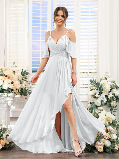 Wholesa A-Line V-Neck Spaghetti Straps Short Sleeves Asymmetrical Chiffon Bridesmaid Dresses