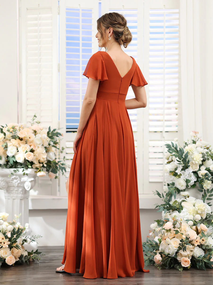 Wholesa A-Line V-Neck Short Sleeves Split Side Ruched Chiffon Bridesmaid Dresses