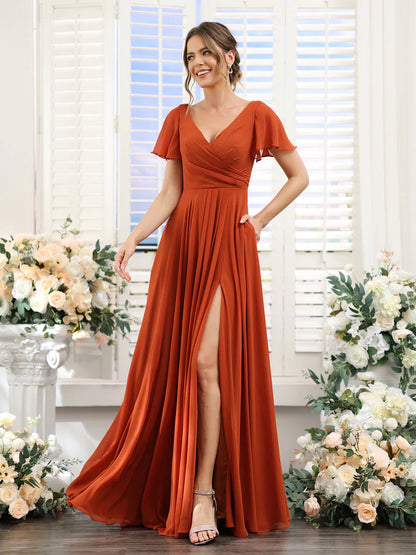 Wholesa A-Line V-Neck Short Sleeves Split Side Ruched Chiffon Bridesmaid Dresses