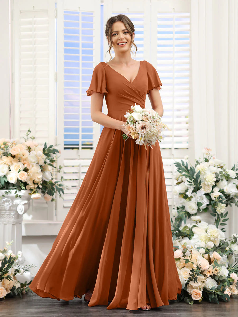 Wholesa A-Line V-Neck Short Sleeves Split Side Ruched Chiffon Bridesmaid Dresses