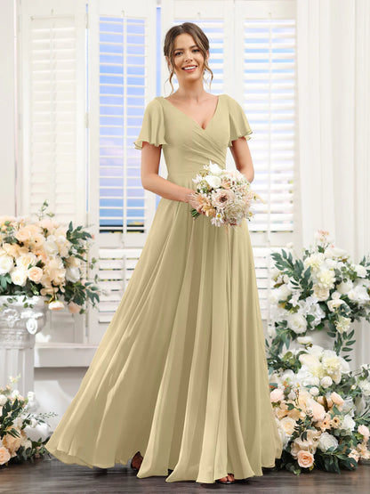 Wholesa A-Line V-Neck Short Sleeves Split Side Ruched Chiffon Bridesmaid Dresses