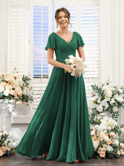 Wholesa A-Line V-Neck Short Sleeves Split Side Ruched Chiffon Bridesmaid Dresses