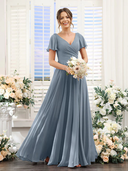 Wholesa A-Line V-Neck Short Sleeves Split Side Ruched Chiffon Bridesmaid Dresses