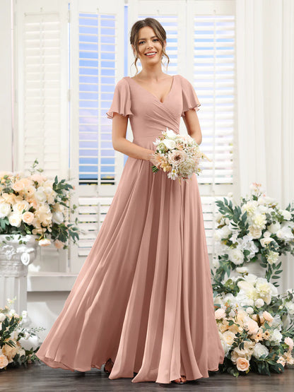 Wholesa A-Line V-Neck Short Sleeves Split Side Ruched Chiffon Bridesmaid Dresses