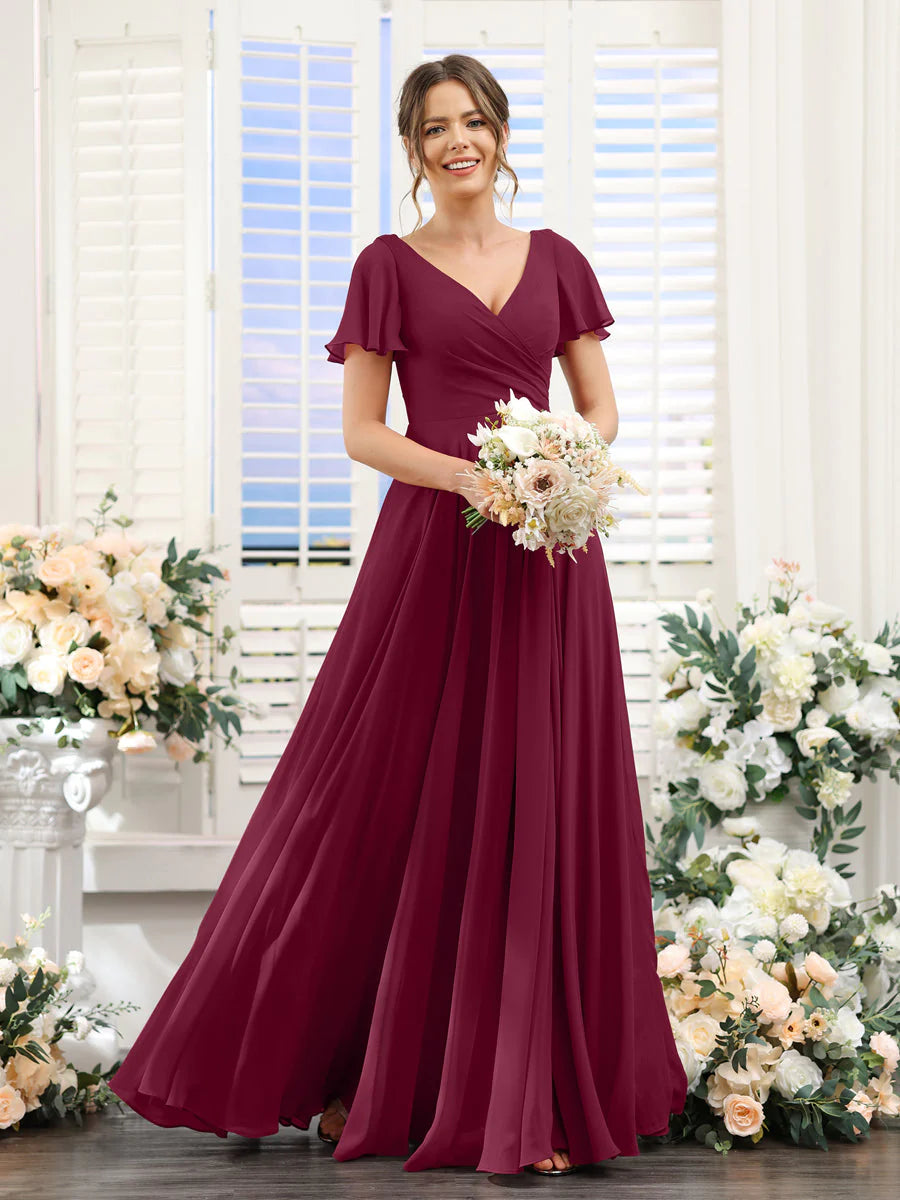 Wholesa A-Line V-Neck Short Sleeves Split Side Ruched Chiffon Bridesmaid Dresses