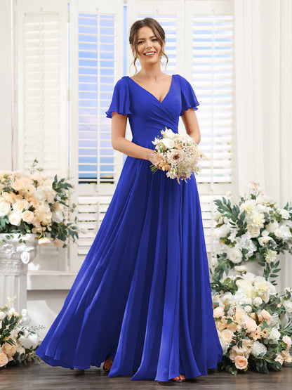 Wholesa A-Line V-Neck Short Sleeves Split Side Ruched Chiffon Bridesmaid Dresses