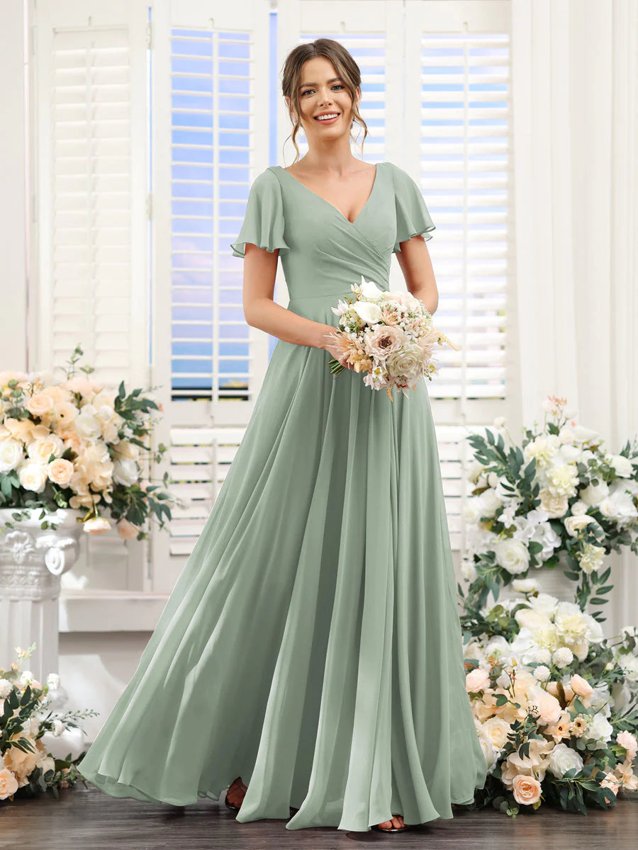 Wholesa A-Line V-Neck Short Sleeves Split Side Ruched Chiffon Bridesmaid Dresses