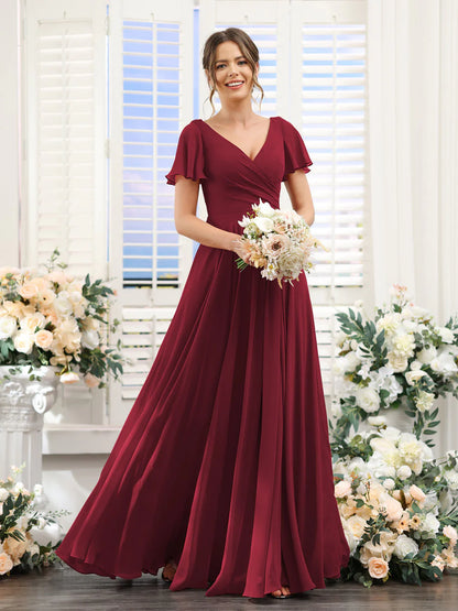 Wholesa A-Line V-Neck Short Sleeves Split Side Ruched Chiffon Bridesmaid Dresses