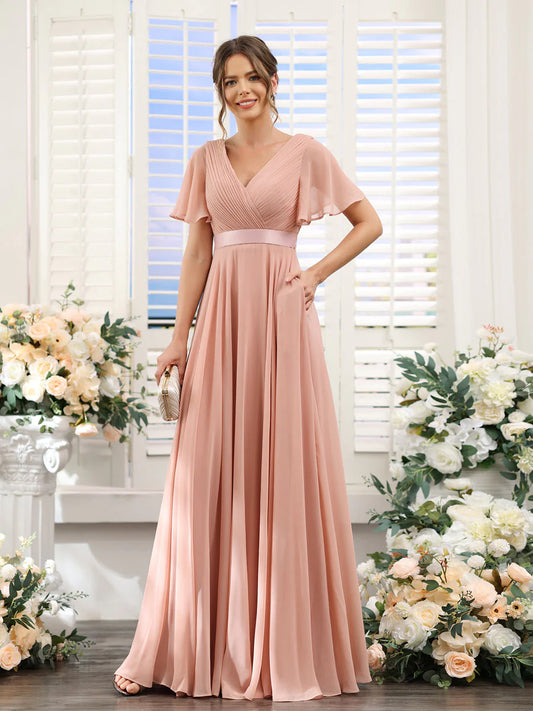 Wholesa A-Line V-Neck Short Sleeves Chiffon Bridesmaid Dresses With Pockets