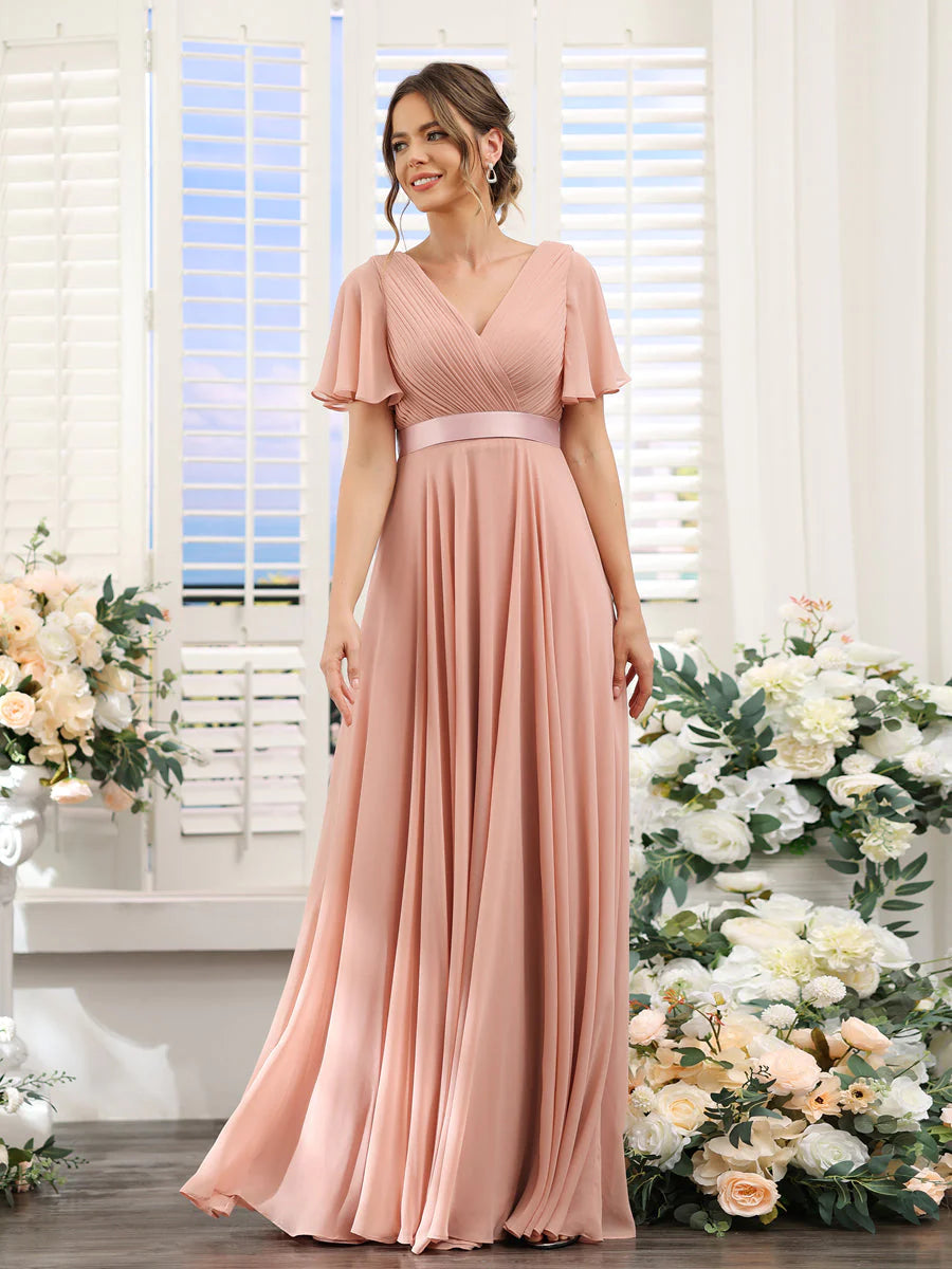 Wholesa A-Line V-Neck Short Sleeves Chiffon Bridesmaid Dresses With Pockets