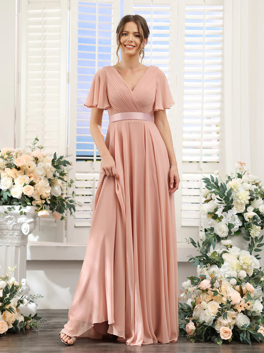 Wholesa A-Line V-Neck Short Sleeves Chiffon Bridesmaid Dresses With Pockets