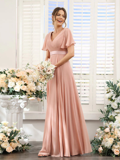 Wholesa A-Line V-Neck Short Sleeves Chiffon Bridesmaid Dresses With Pockets