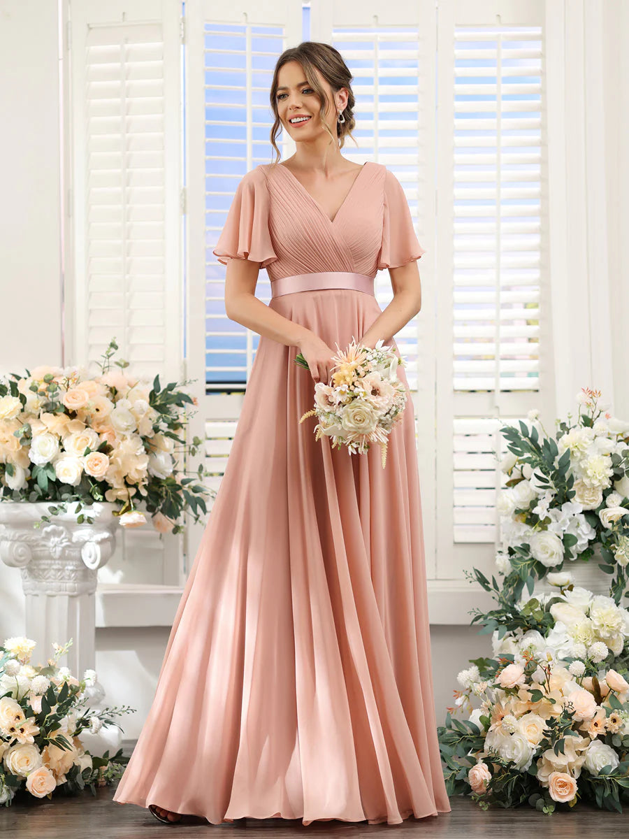 Wholesa A-Line V-Neck Short Sleeves Chiffon Bridesmaid Dresses With Pockets