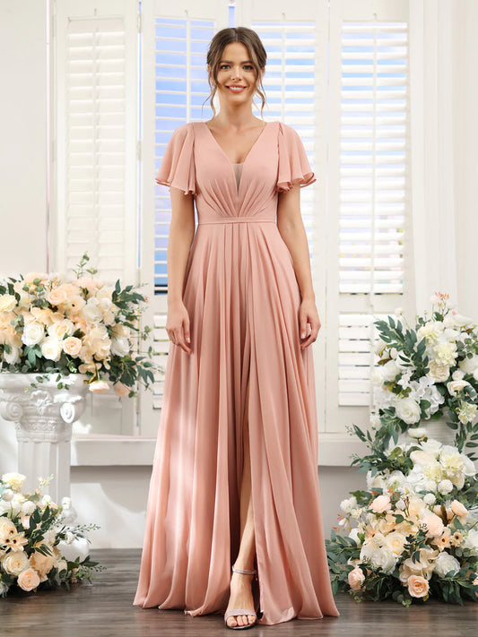 Wholesa A-Line Deep V-Neck Short Sleeves Split Side Chiffon Bridesmaid Dresses