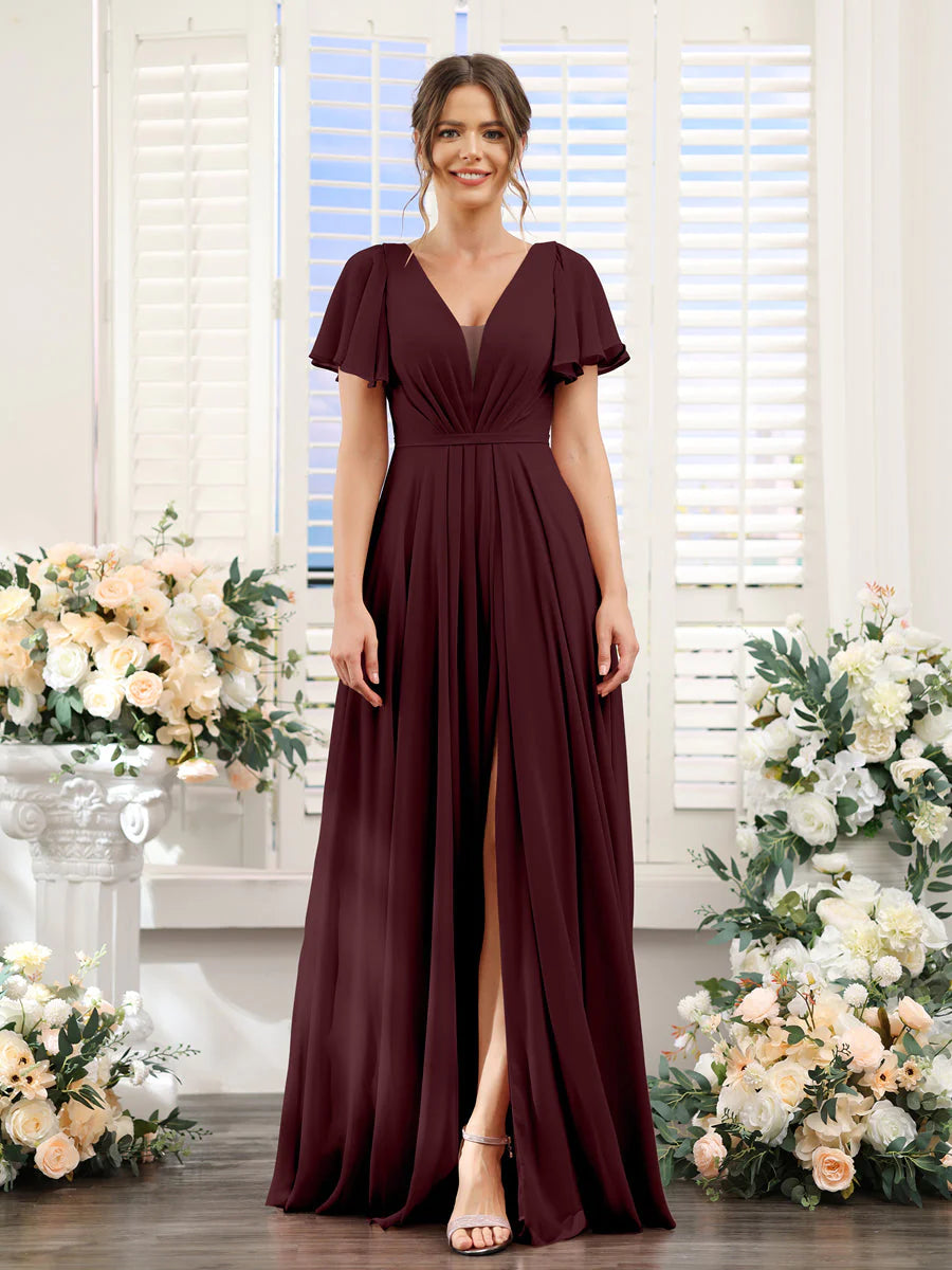 Wholesa A-Line Deep V-Neck Short Sleeves Split Side Chiffon Bridesmaid Dresses