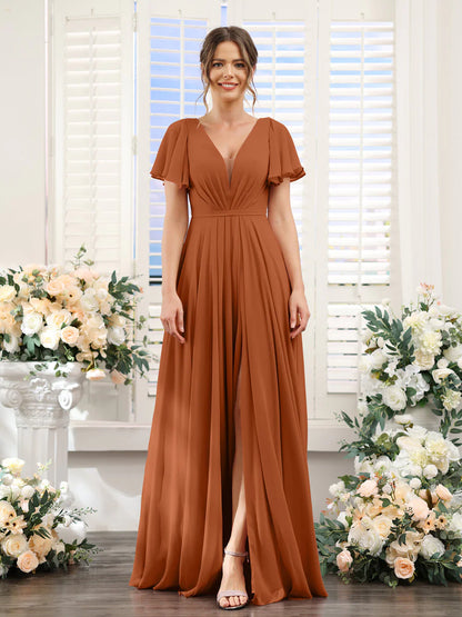 Wholesa A-Line Deep V-Neck Short Sleeves Split Side Chiffon Bridesmaid Dresses