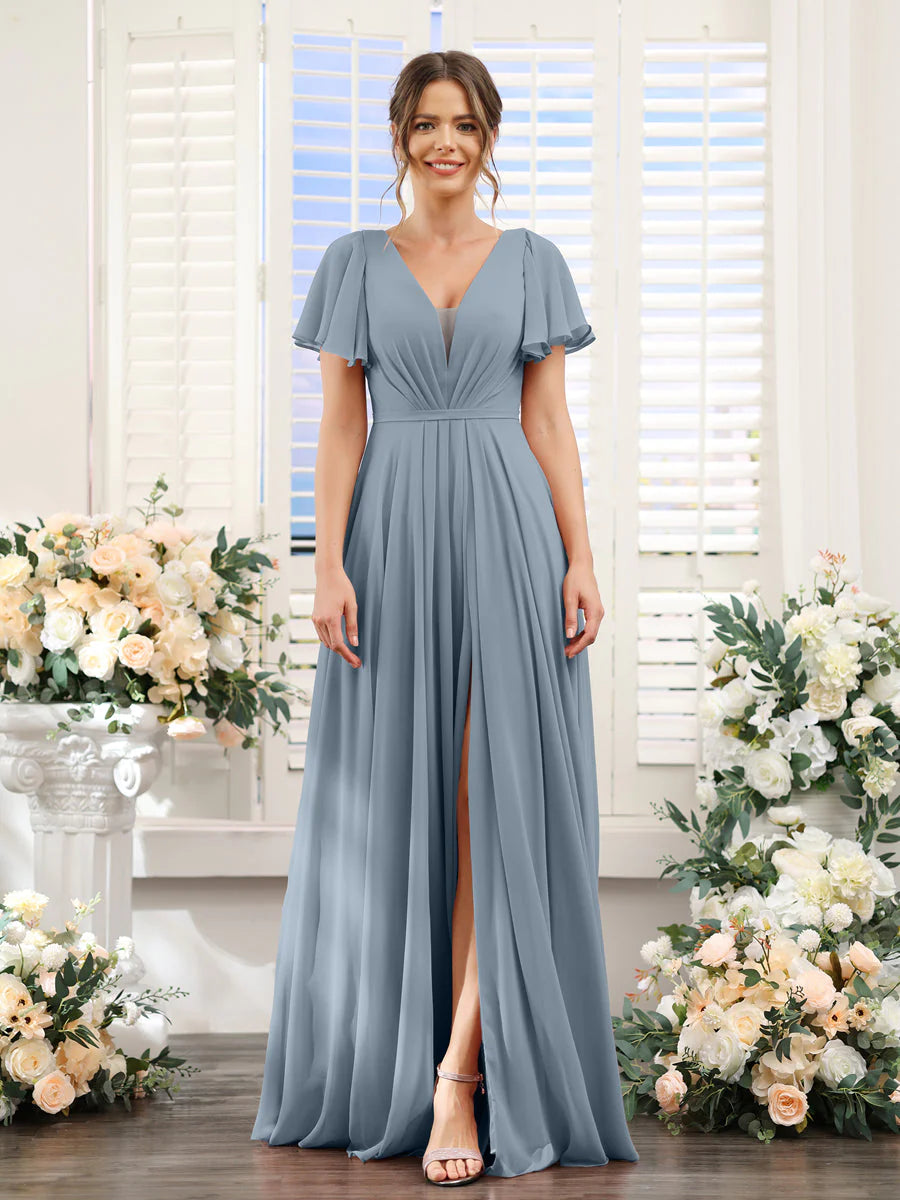 Wholesa A-Line Deep V-Neck Short Sleeves Split Side Chiffon Bridesmaid Dresses