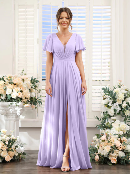 Wholesa A-Line Deep V-Neck Short Sleeves Split Side Chiffon Bridesmaid Dresses