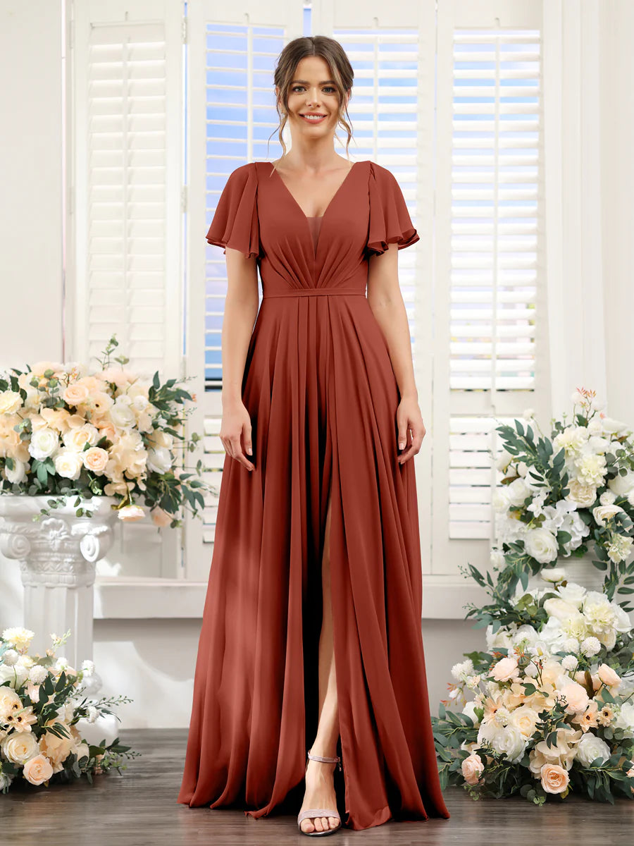 Wholesa A-Line Deep V-Neck Short Sleeves Split Side Chiffon Bridesmaid Dresses