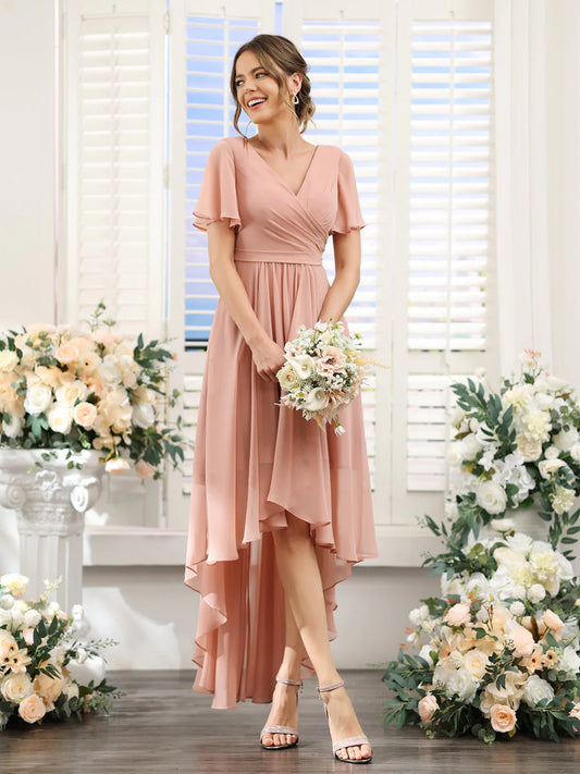 Wholesa A-Line V-Neck Short Sleeves Ruched Asymmetrical Chiffon Bridesmaid Dresses