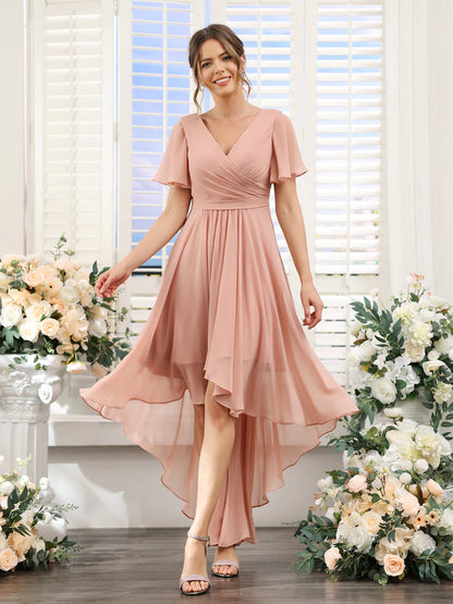 Wholesa A-Line V-Neck Short Sleeves Ruched Asymmetrical Chiffon Bridesmaid Dresses