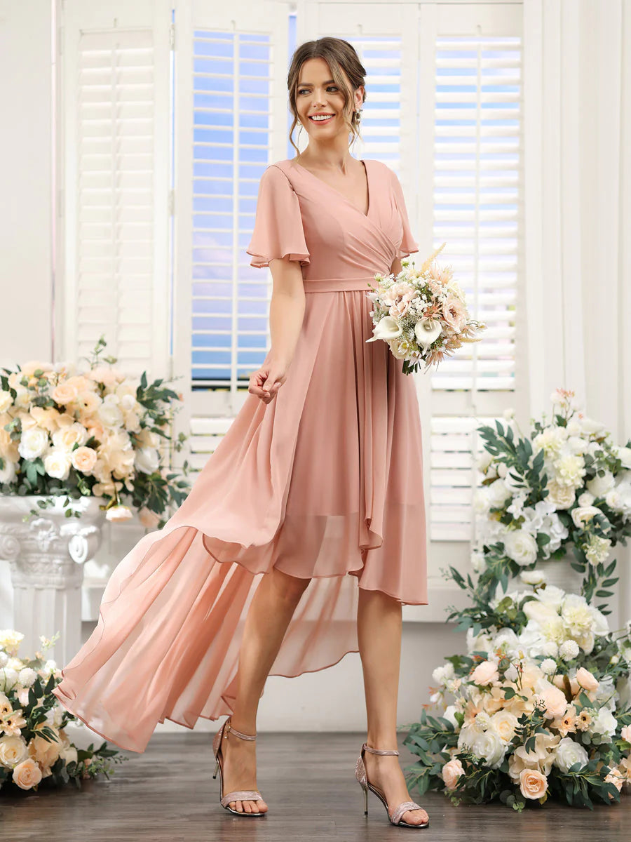 Wholesa A-Line V-Neck Short Sleeves Ruched Asymmetrical Chiffon Bridesmaid Dresses