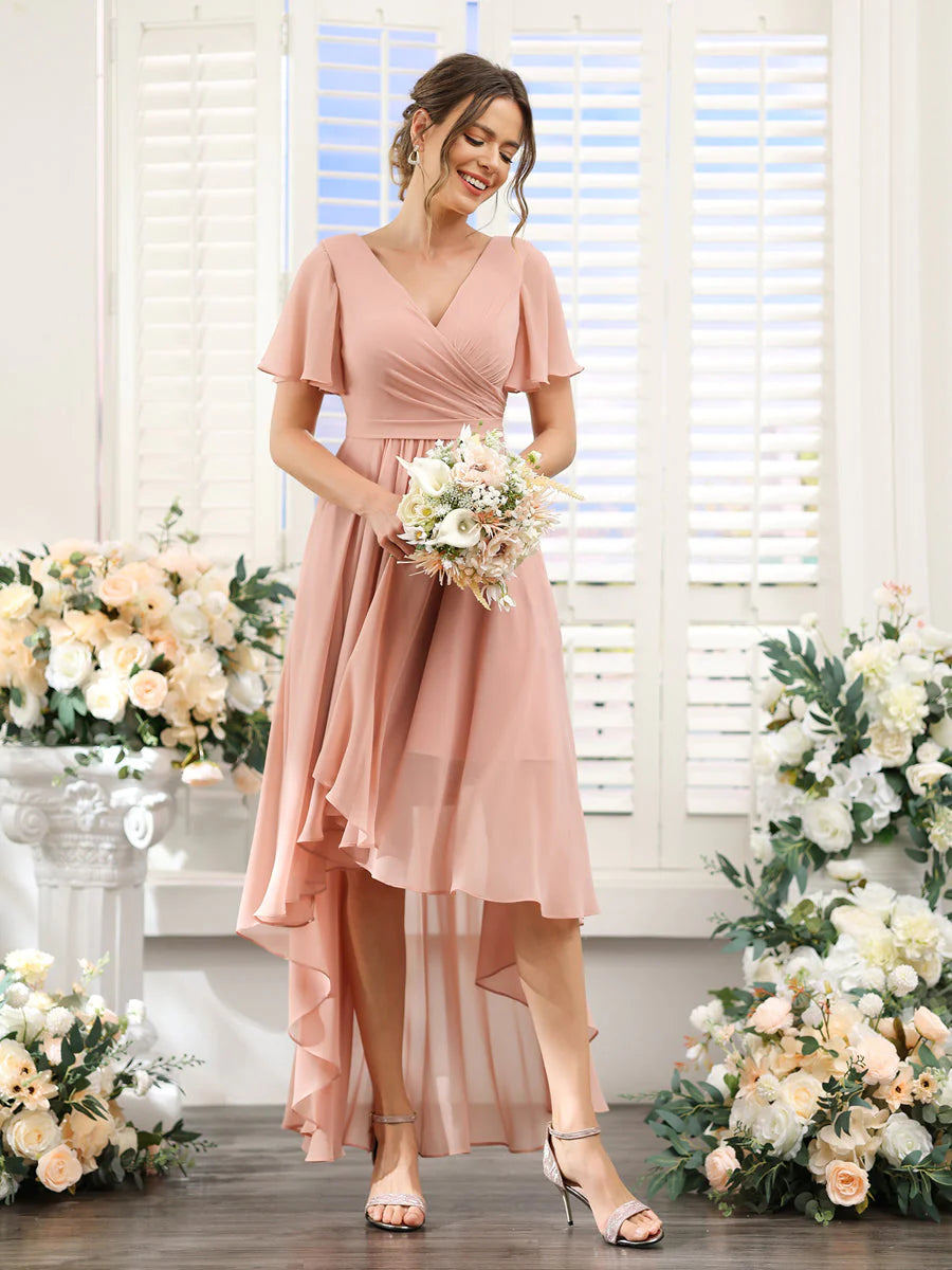 Wholesa A-Line V-Neck Short Sleeves Ruched Asymmetrical Chiffon Bridesmaid Dresses