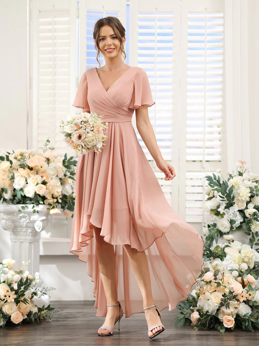 Wholesa A-Line V-Neck Short Sleeves Ruched Asymmetrical Chiffon Bridesmaid Dresses