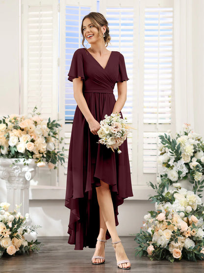 Wholesa A-Line V-Neck Short Sleeves Ruched Asymmetrical Chiffon Bridesmaid Dresses