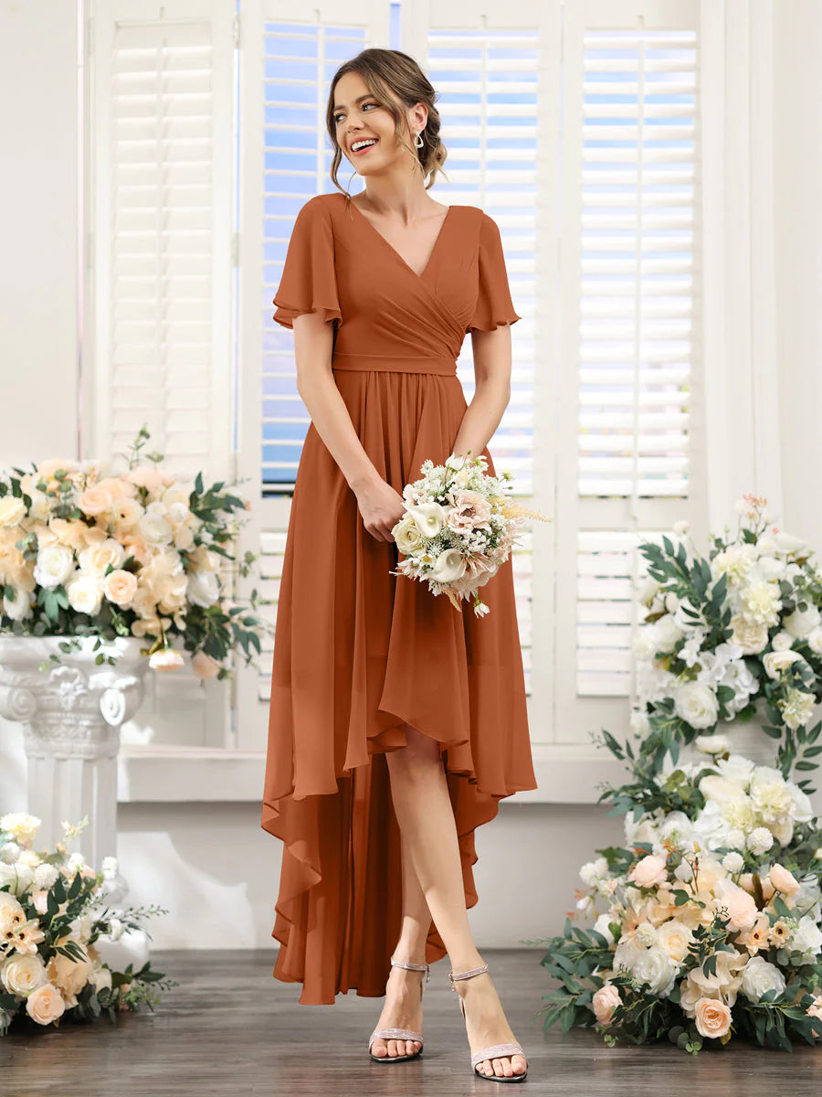 Wholesa A-Line V-Neck Short Sleeves Ruched Asymmetrical Chiffon Bridesmaid Dresses