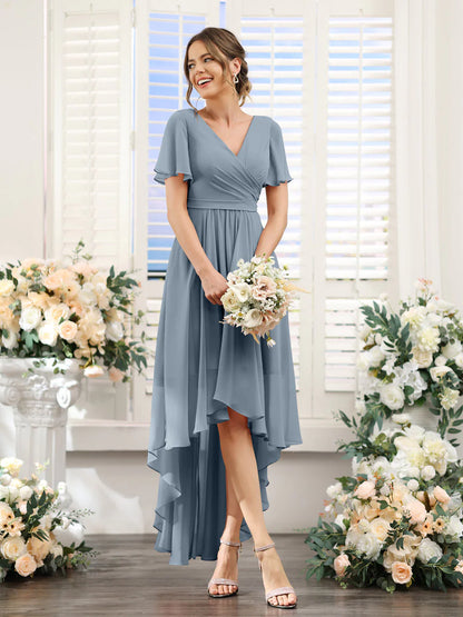 Wholesa A-Line V-Neck Short Sleeves Ruched Asymmetrical Chiffon Bridesmaid Dresses