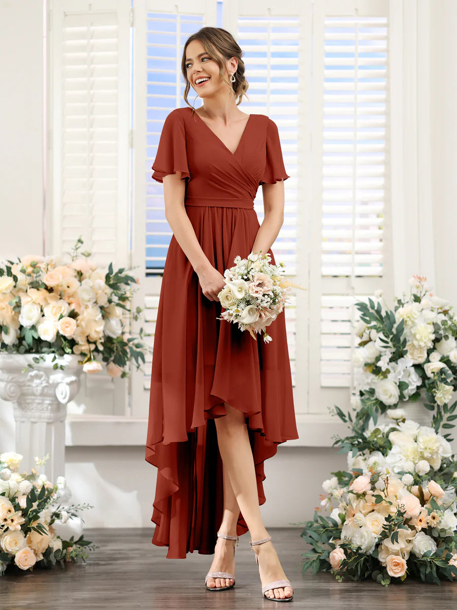 Wholesa A-Line V-Neck Short Sleeves Ruched Asymmetrical Chiffon Bridesmaid Dresses