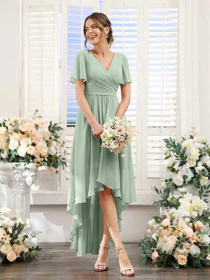 Wholesa A-Line V-Neck Short Sleeves Ruched Asymmetrical Chiffon Bridesmaid Dresses