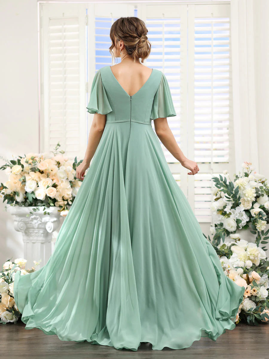 Wholesa A-Line V-Neck Short Sleeves Split Side Ruffles Chiffon Bridesmaid Dresses