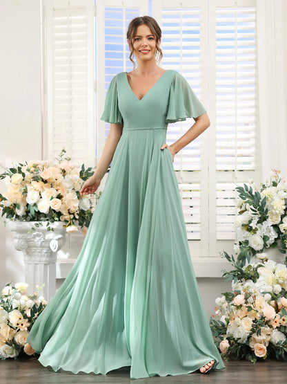 Wholesa A-Line V-Neck Short Sleeves Split Side Ruffles Chiffon Bridesmaid Dresses