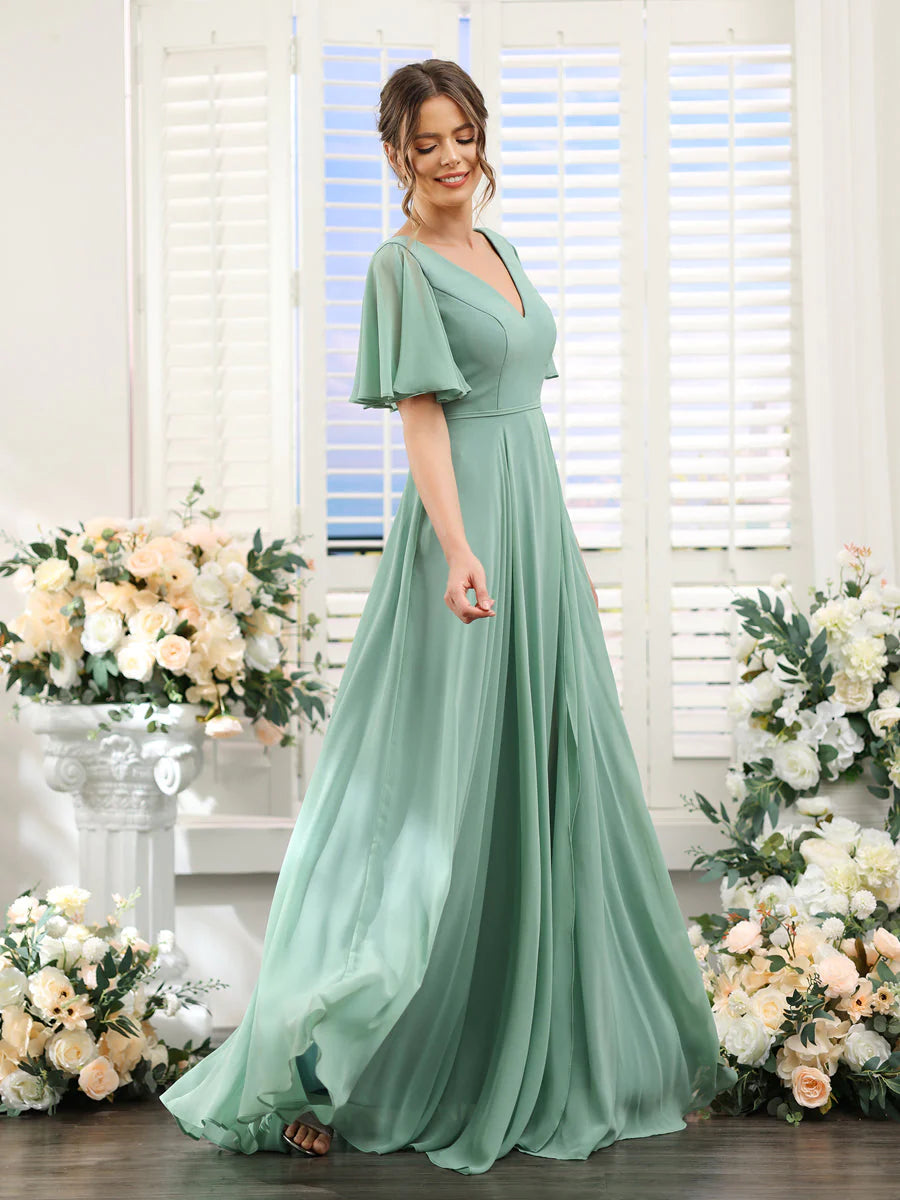 Wholesa A-Line V-Neck Short Sleeves Split Side Ruffles Chiffon Bridesmaid Dresses