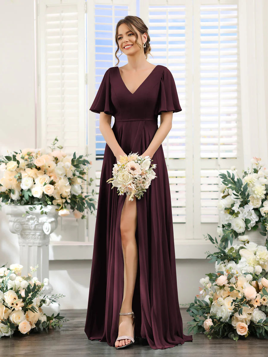 Wholesa A-Line V-Neck Short Sleeves Split Side Ruffles Chiffon Bridesmaid Dresses