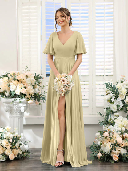 Wholesa A-Line V-Neck Short Sleeves Split Side Ruffles Chiffon Bridesmaid Dresses