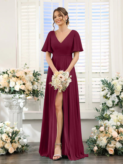 Wholesa A-Line V-Neck Short Sleeves Split Side Ruffles Chiffon Bridesmaid Dresses