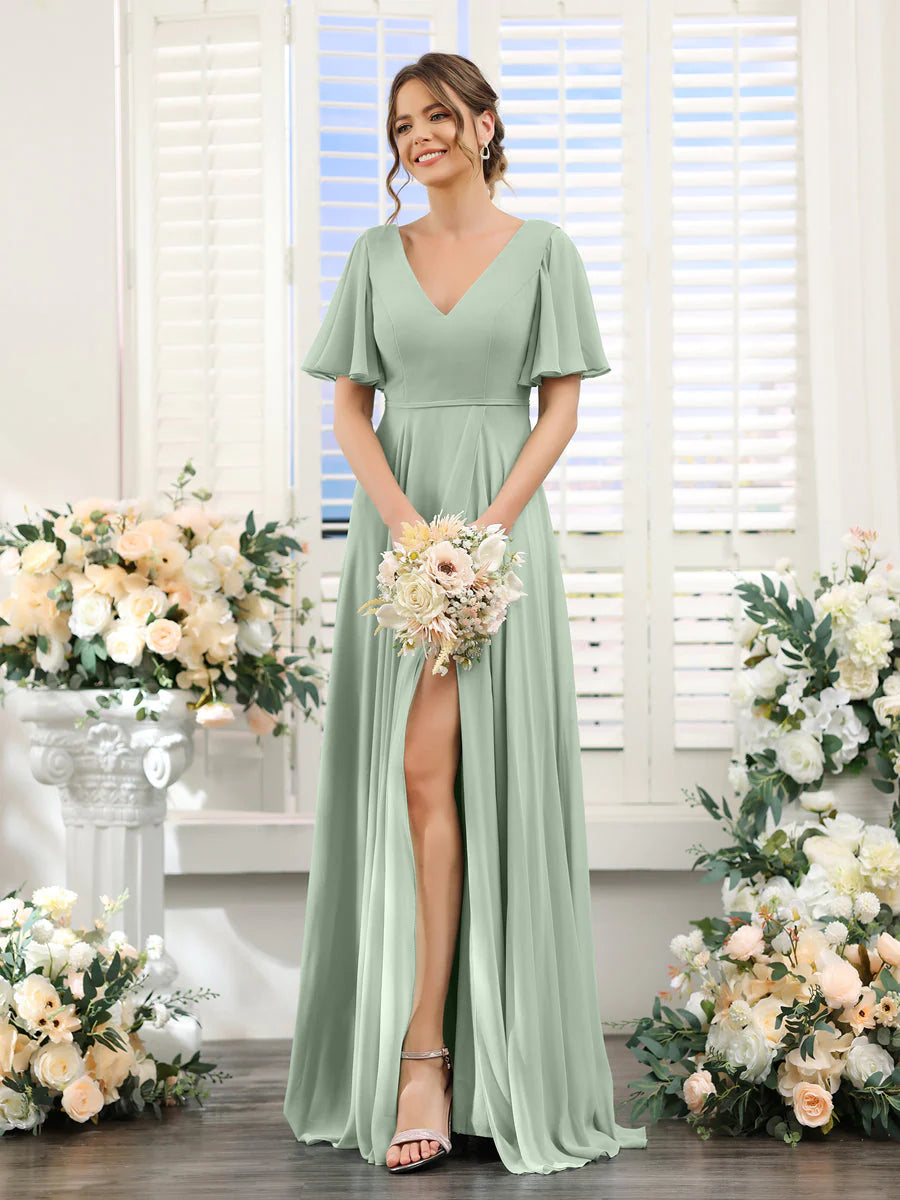 Wholesa A-Line V-Neck Short Sleeves Split Side Ruffles Chiffon Bridesmaid Dresses